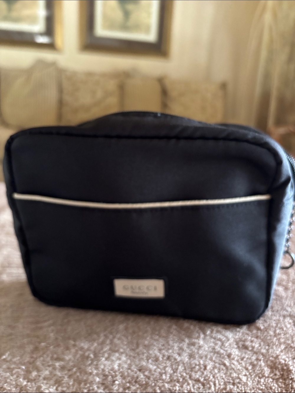 Gucci Black Men’s Toiletry Pouch with tan  Trim NEW